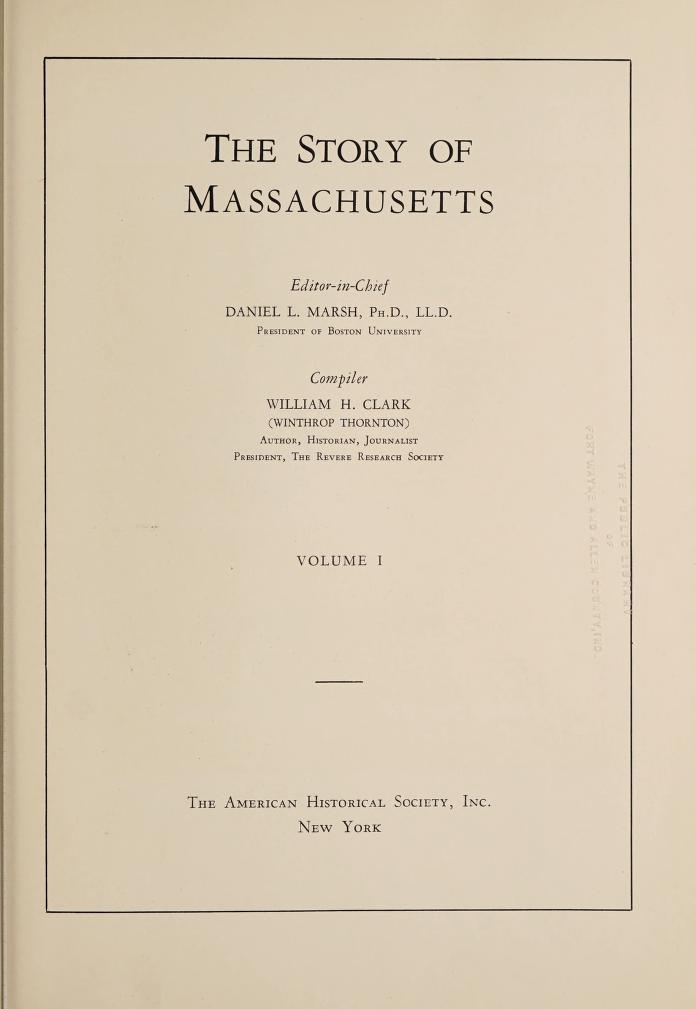Title page of 'The Story of Massachusetts', volume 1